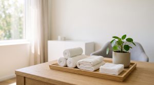 Clean gauze rolls and bandages on a wooden tray in a calm clinical room — chronic wound care concept